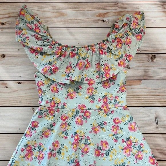 Btween Girls Light Blue Pink Yellow Floral Ruffle Neck Dress Size 6 Spring - Picture 2 of 5